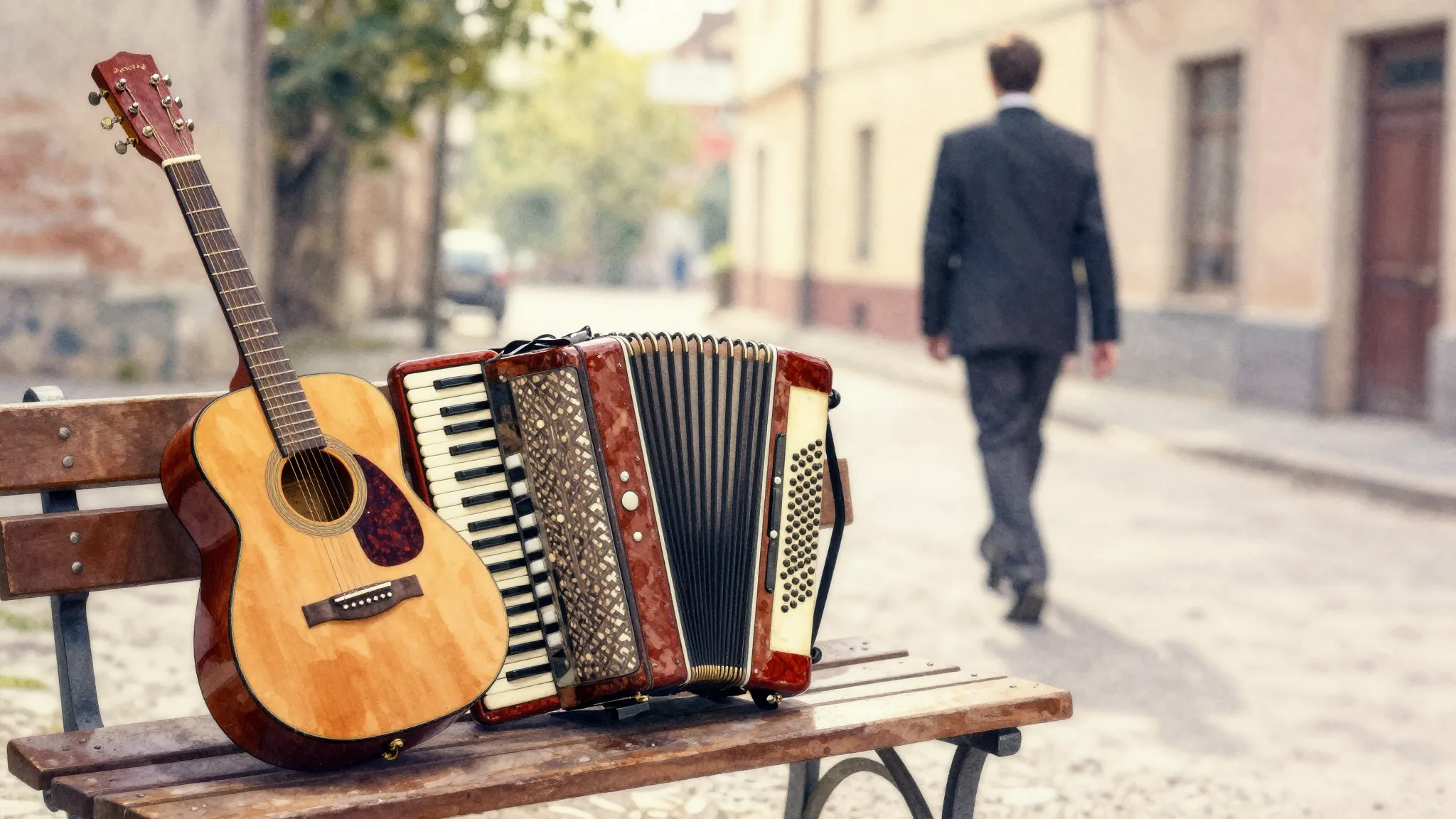 Vibrant watercolor style. A warm acoustic guitar and a class...