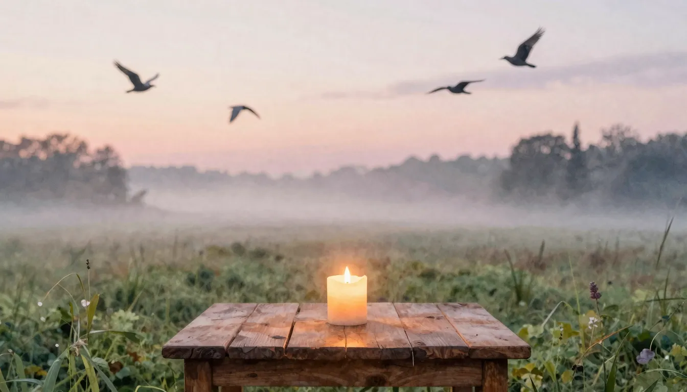 Watercolor style. Peaceful sunrise over a quiet meadow, a si...