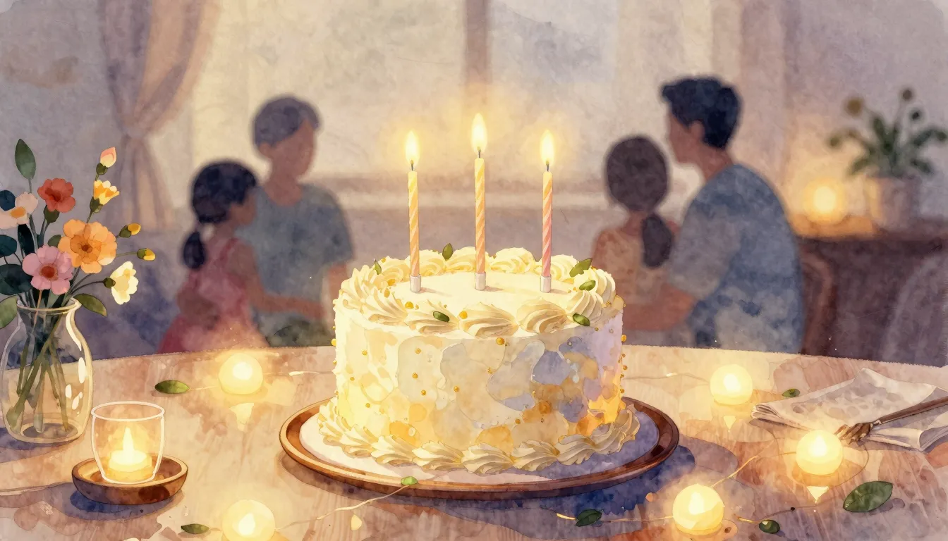 Watercolor style. A beautiful birthday cake with 3 candles o...