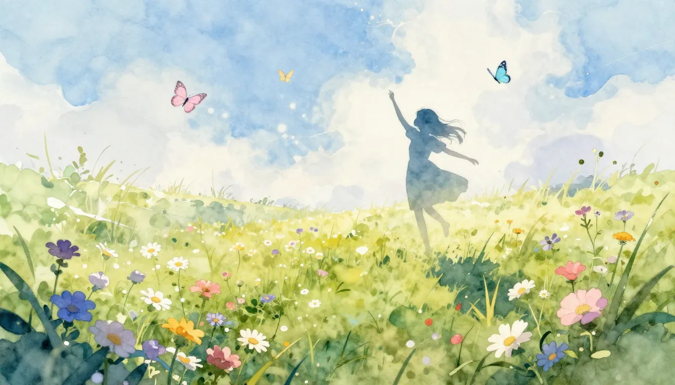 Watercolor style. A bright, sunny meadow with wildflowers, a...