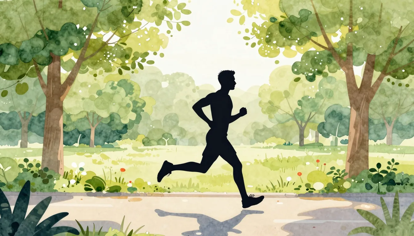 Watercolor style. Silhouette of a runner in a sunny park, br...