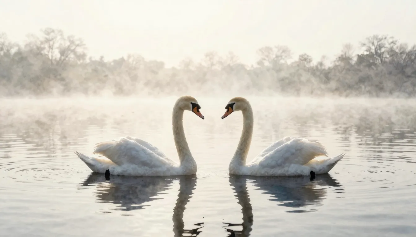 Watercolor style. A serene lake with two white swans swimmin...