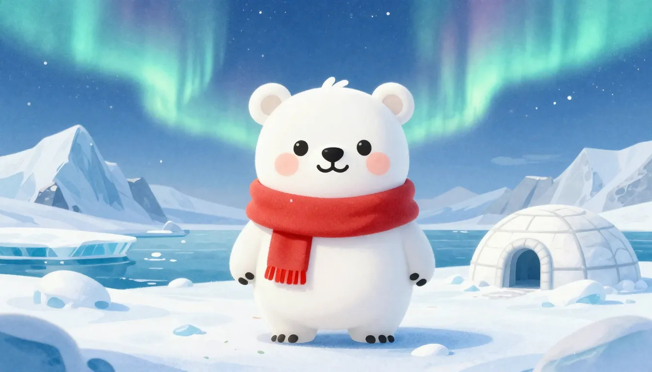 Watercolor style. Cute cartoon polar bear wearing a scarf, s...