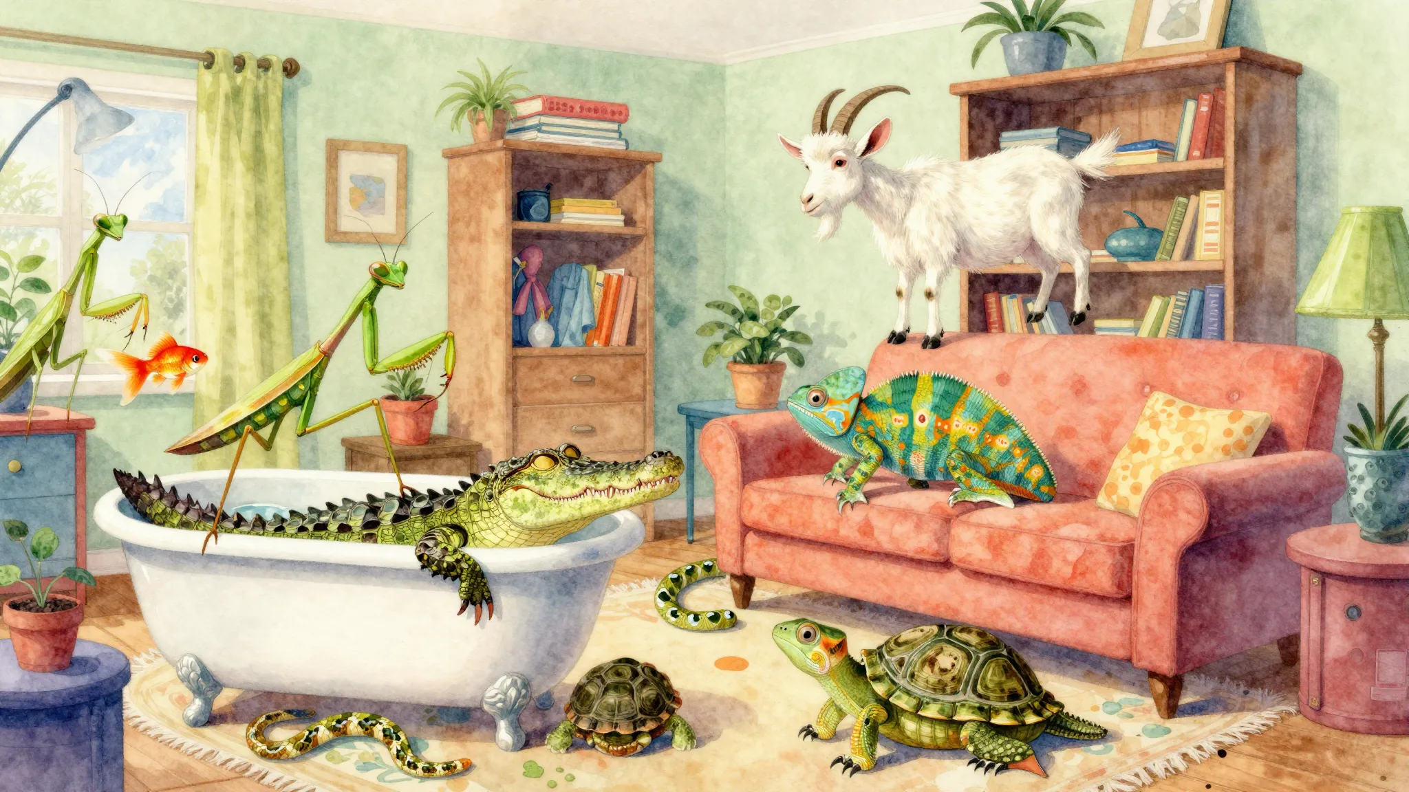 Vibrant watercolor style. A chaotic and colorful living room...