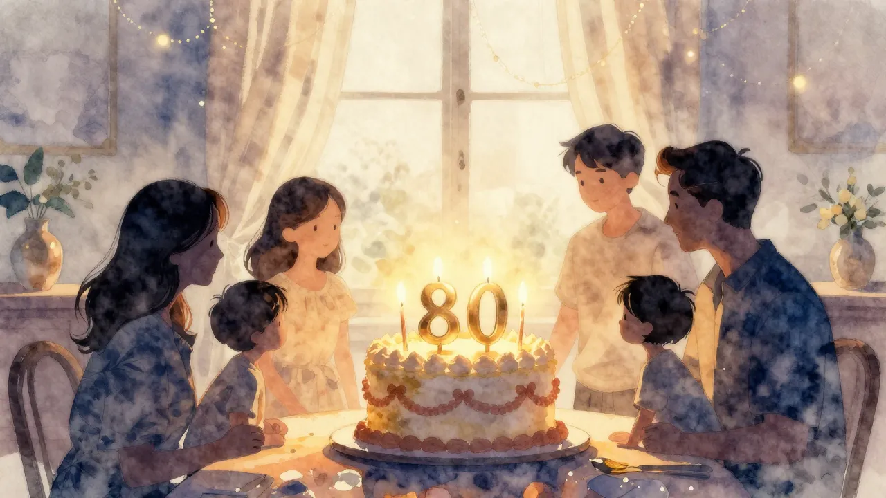 Watercolor style. Silhouette of a family gathered around a l...