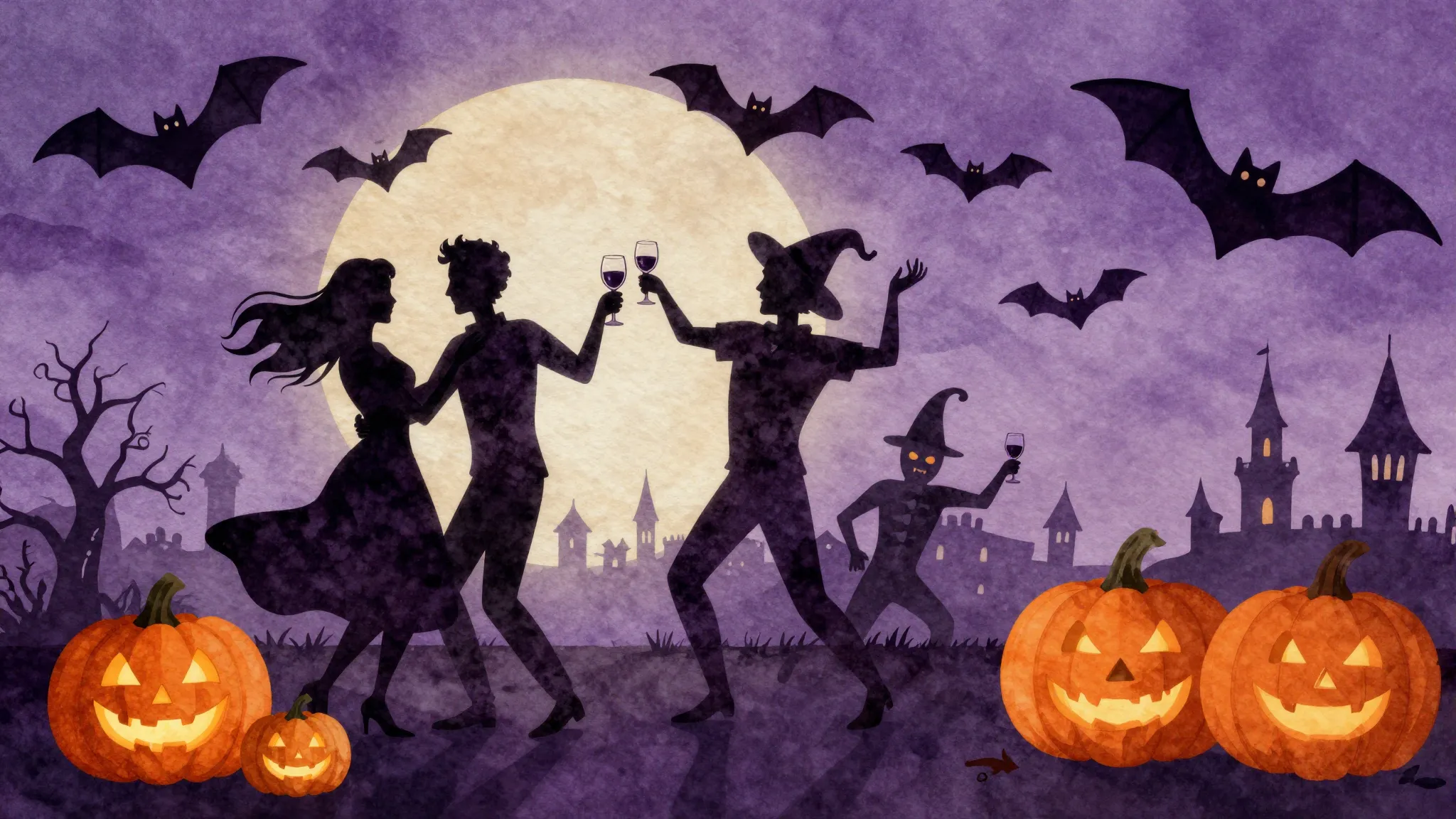 Watercolor style. Spooky Halloween night, silhouettes of a c...