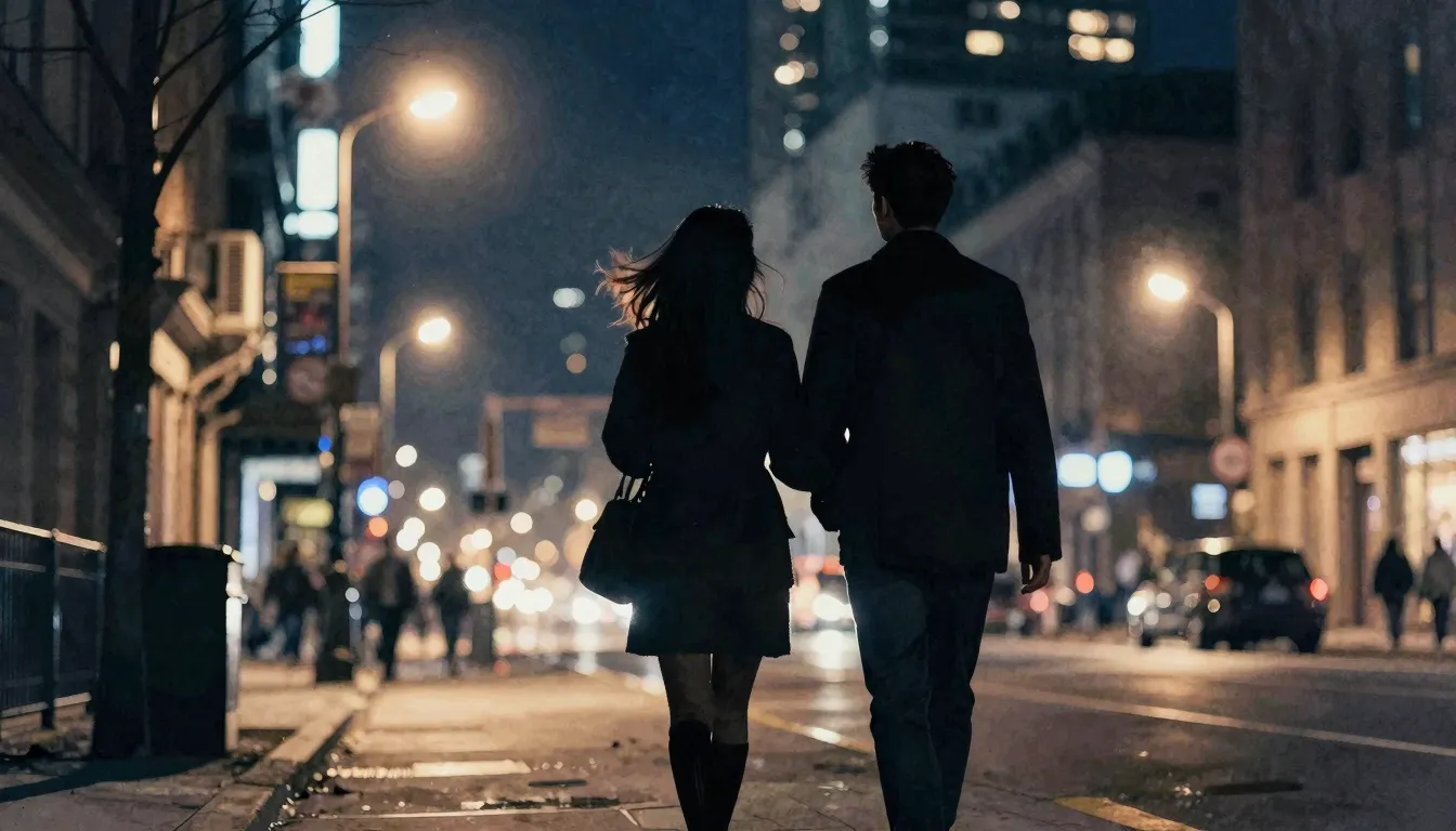Watercolor style. Silhouette of a couple walking in a night ...