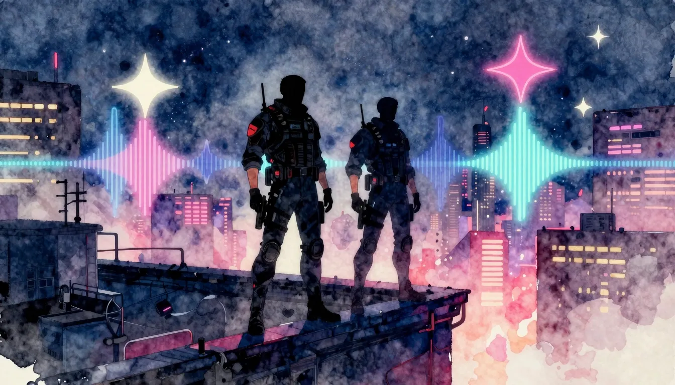 Vibrant watercolor style. Cyberpunk city night, two dark sil...