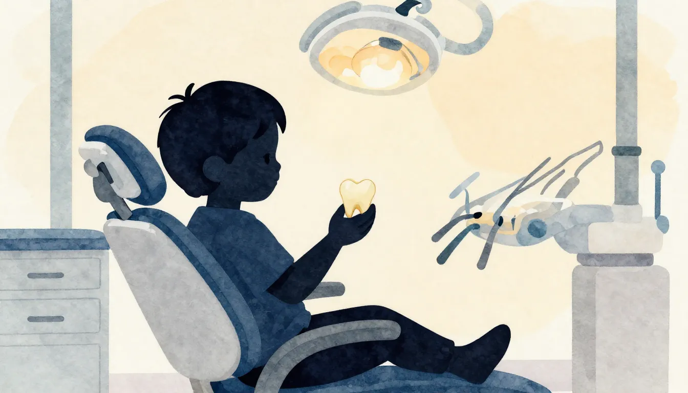 Watercolor style. A silhouette of a child sitting in a denti...