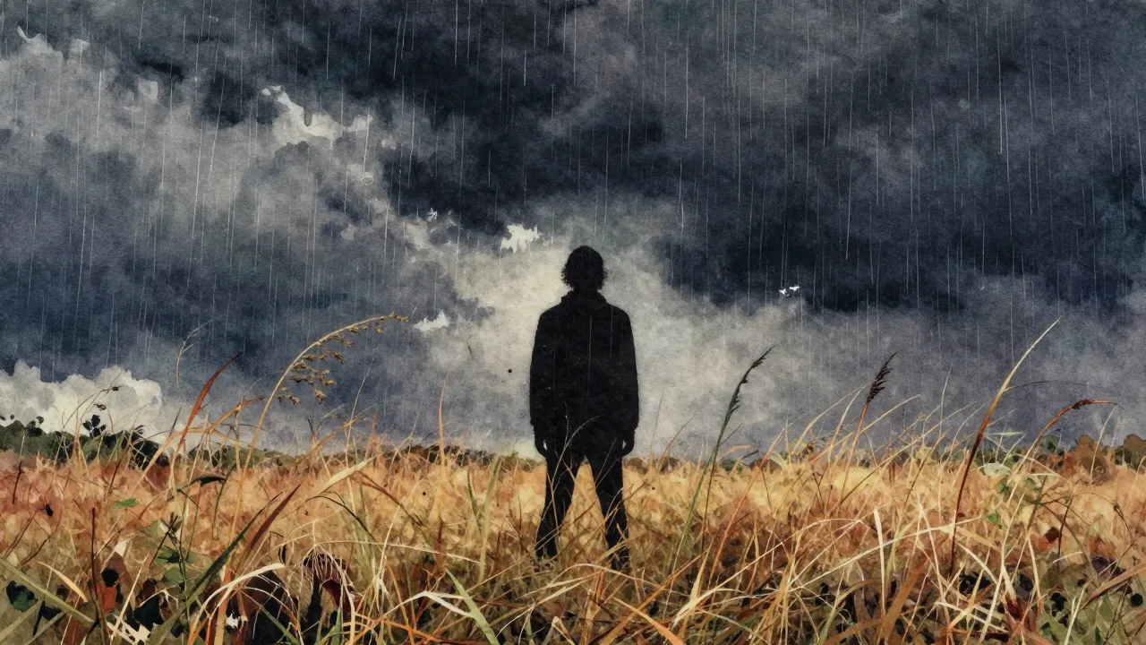 Vibrant watercolor style. Grunge rock album cover, a lonely ...