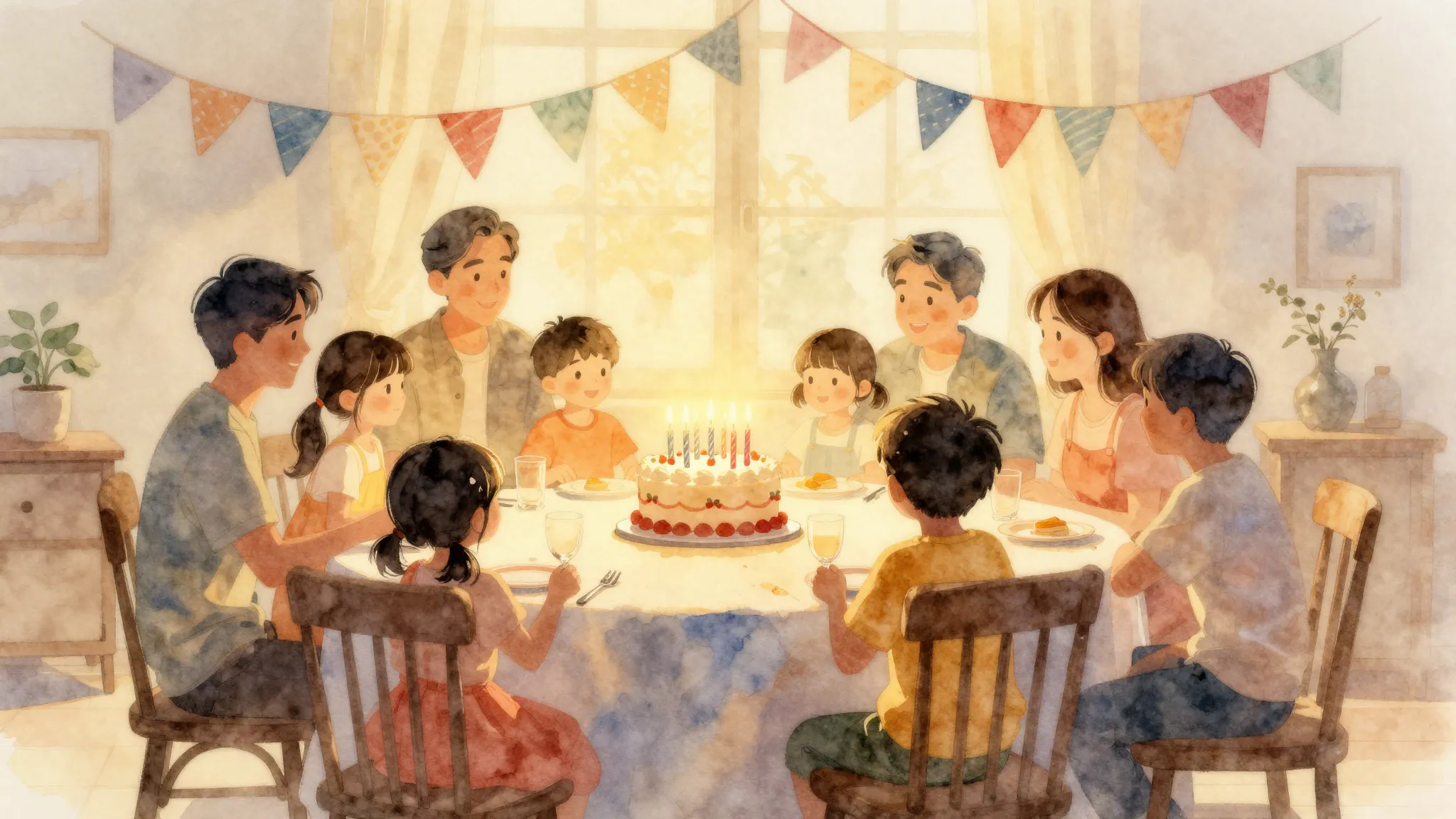 Watercolor style. A warm glowing silhouette of a large famil...