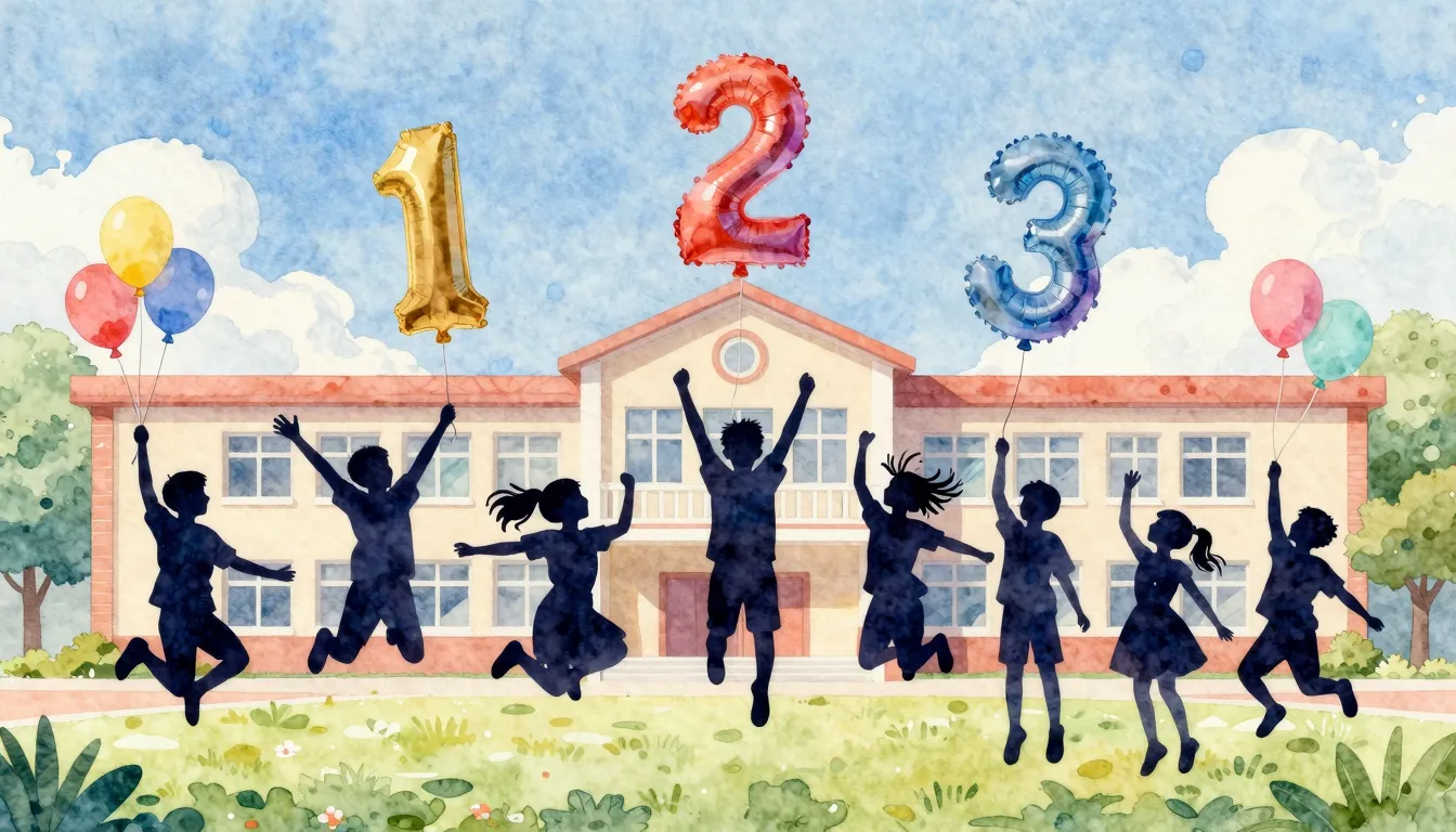 Watercolor style. Silhouette of children jumping happily nea...