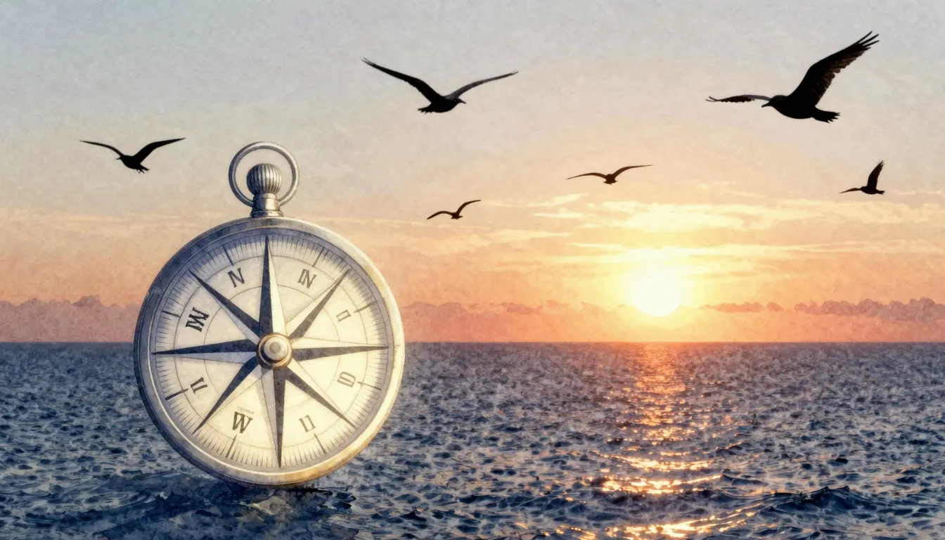 Watercolor style. A glowing compass pointing towards a brigh...