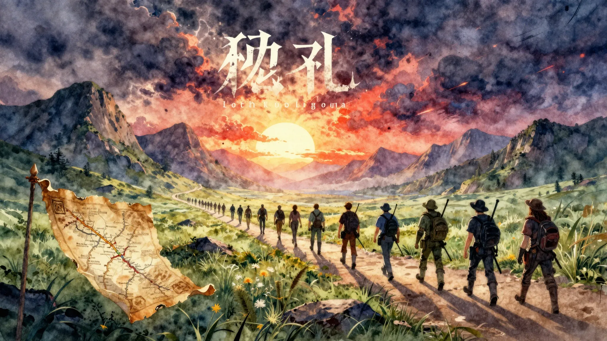 Vibrant watercolor style. Power metal album cover, epic land...