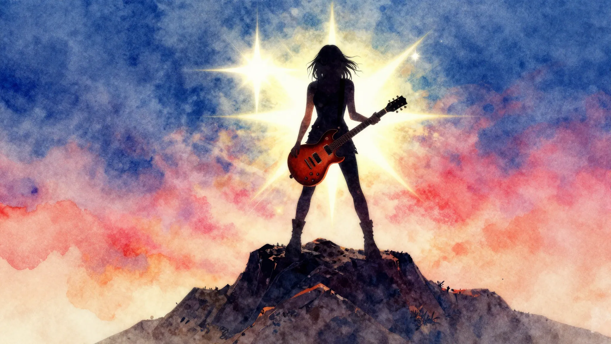 Vibrant watercolor style. A rock music album cover featuring...