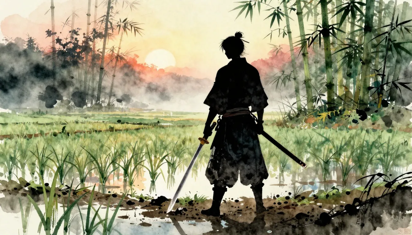 Vibrant watercolor style. A silhouette of a lone warrior sta...