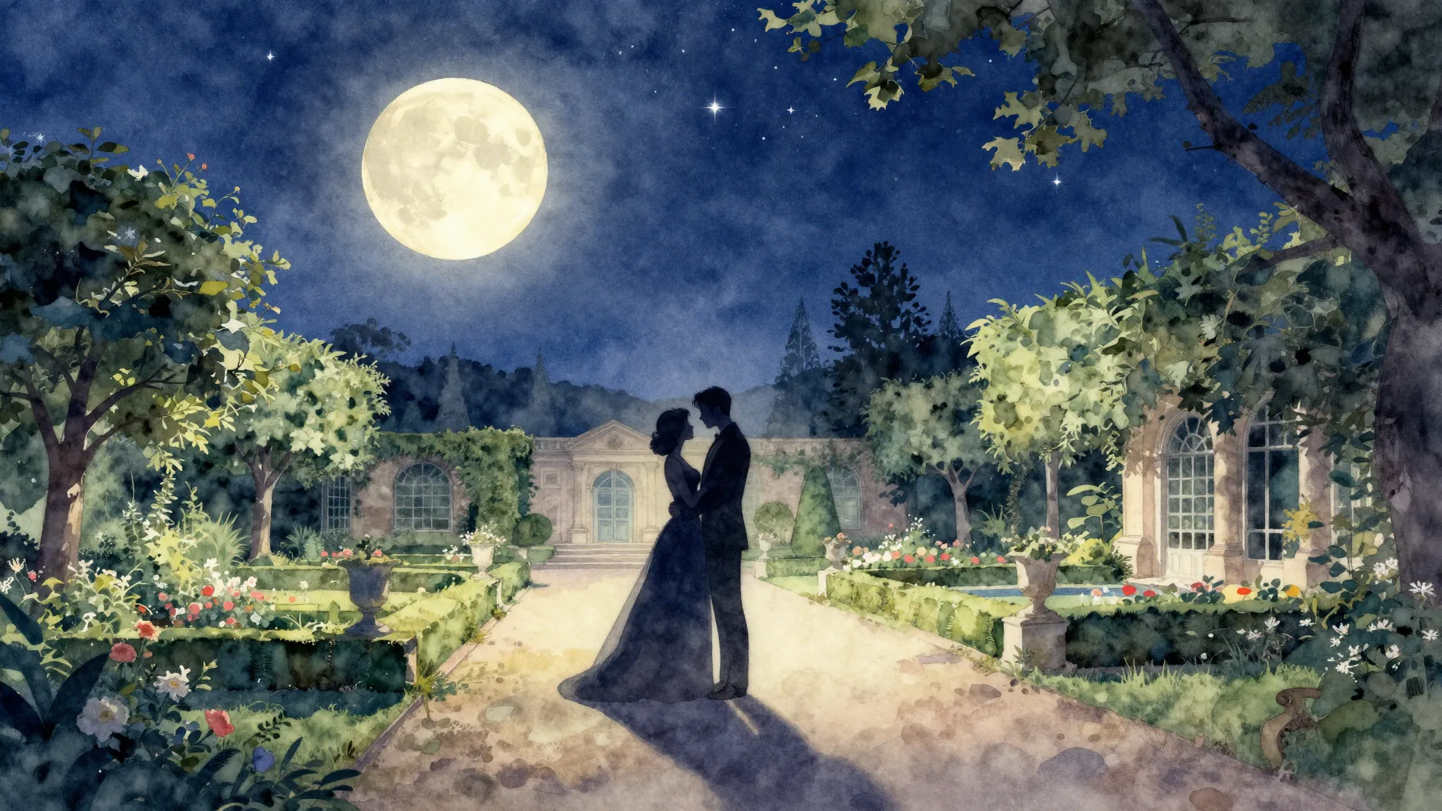 Watercolor style. Romantic landscape, silhouette of a couple...