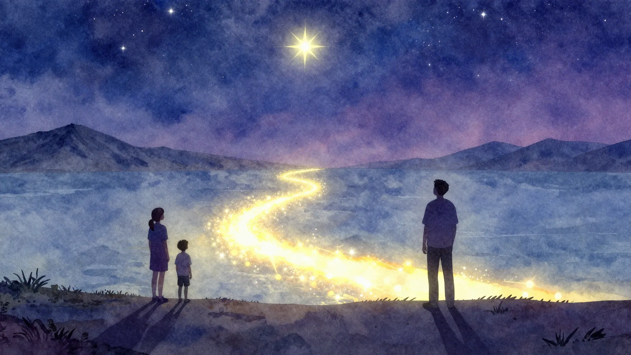 Vibrant watercolor style. A silhouette of a father and a gro...