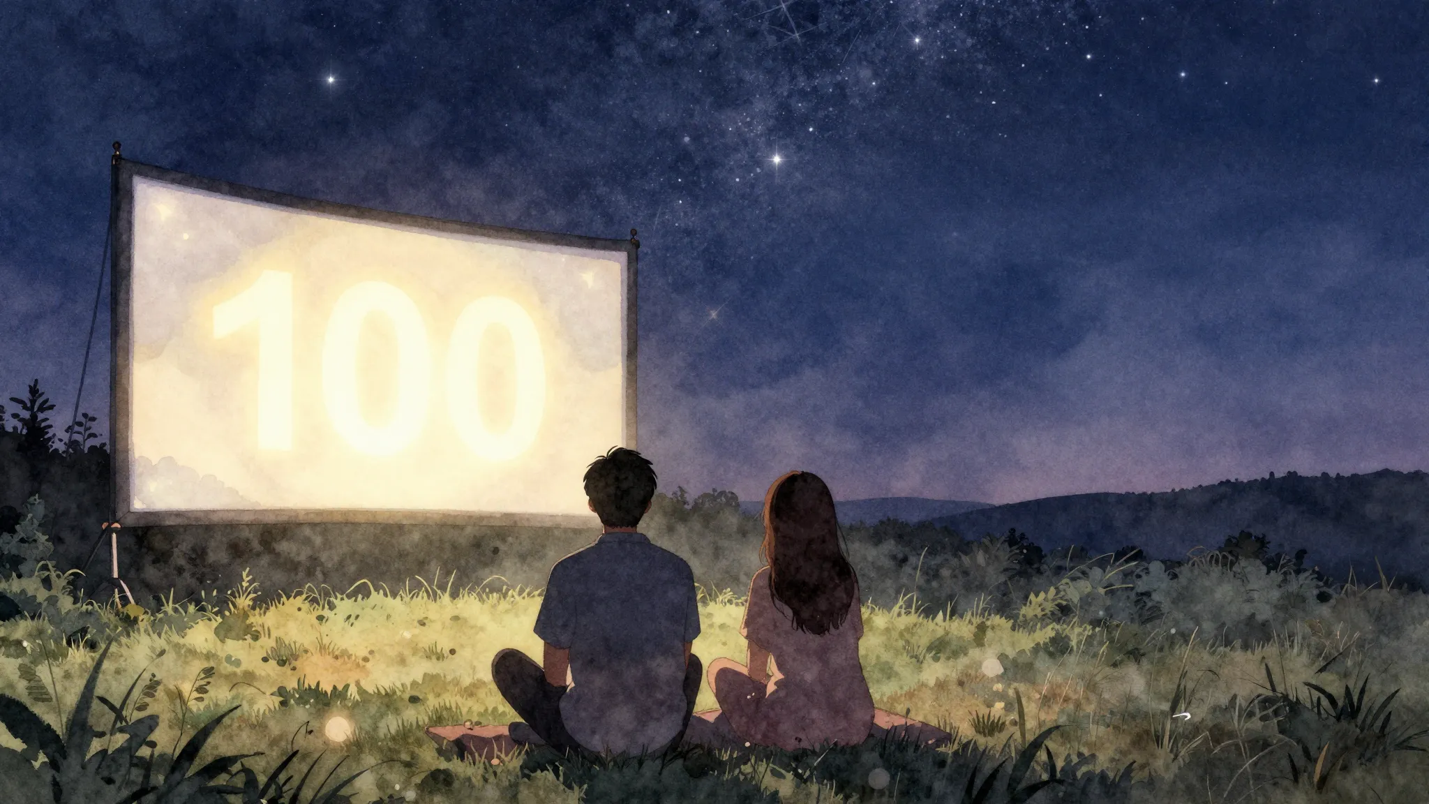 Watercolor style. Silhouette of a couple sitting outdoors at...