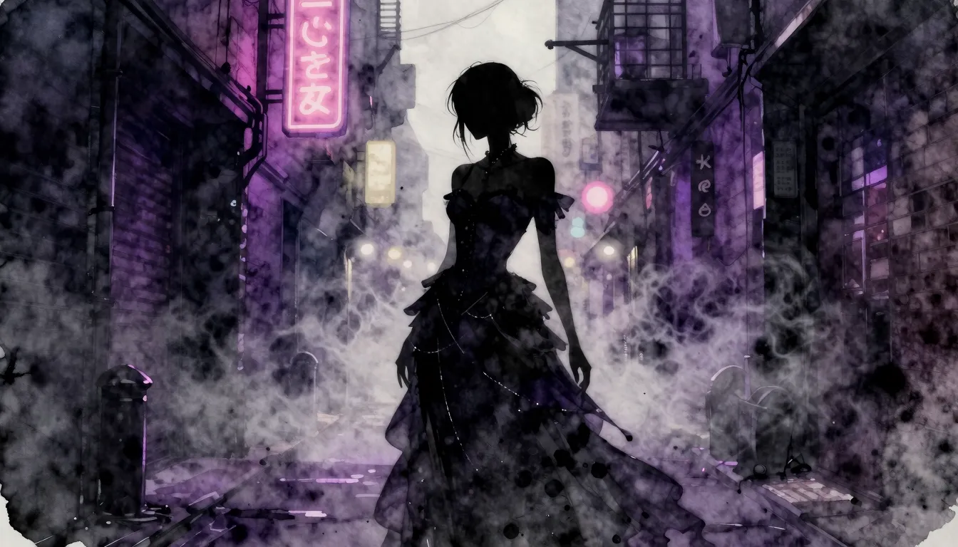 Watercolor style. Dark urban alley with neon lights, a sleek...