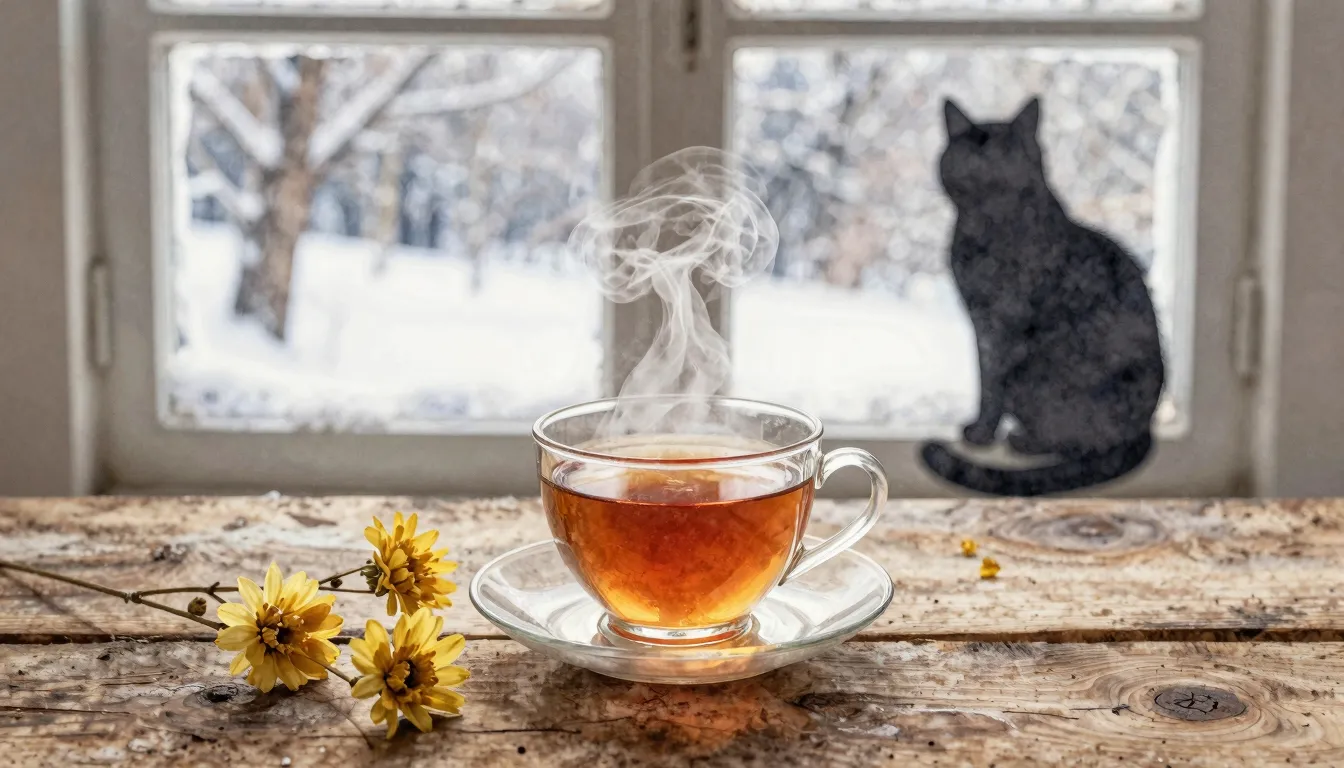 Watercolor style. A cozy winter scene, a cup of hot steaming...