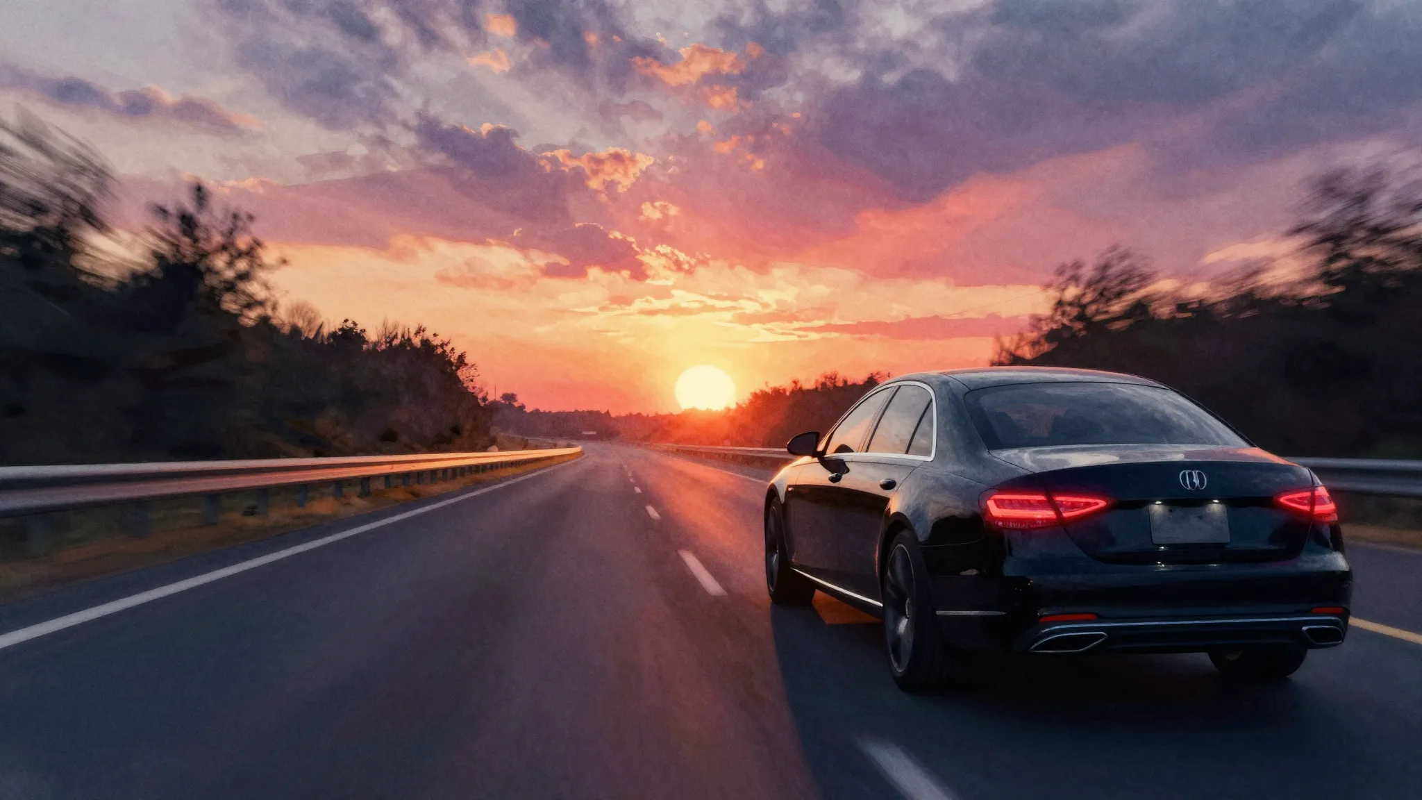 Vibrant watercolor style. A lonely silhouette of a driver in...
