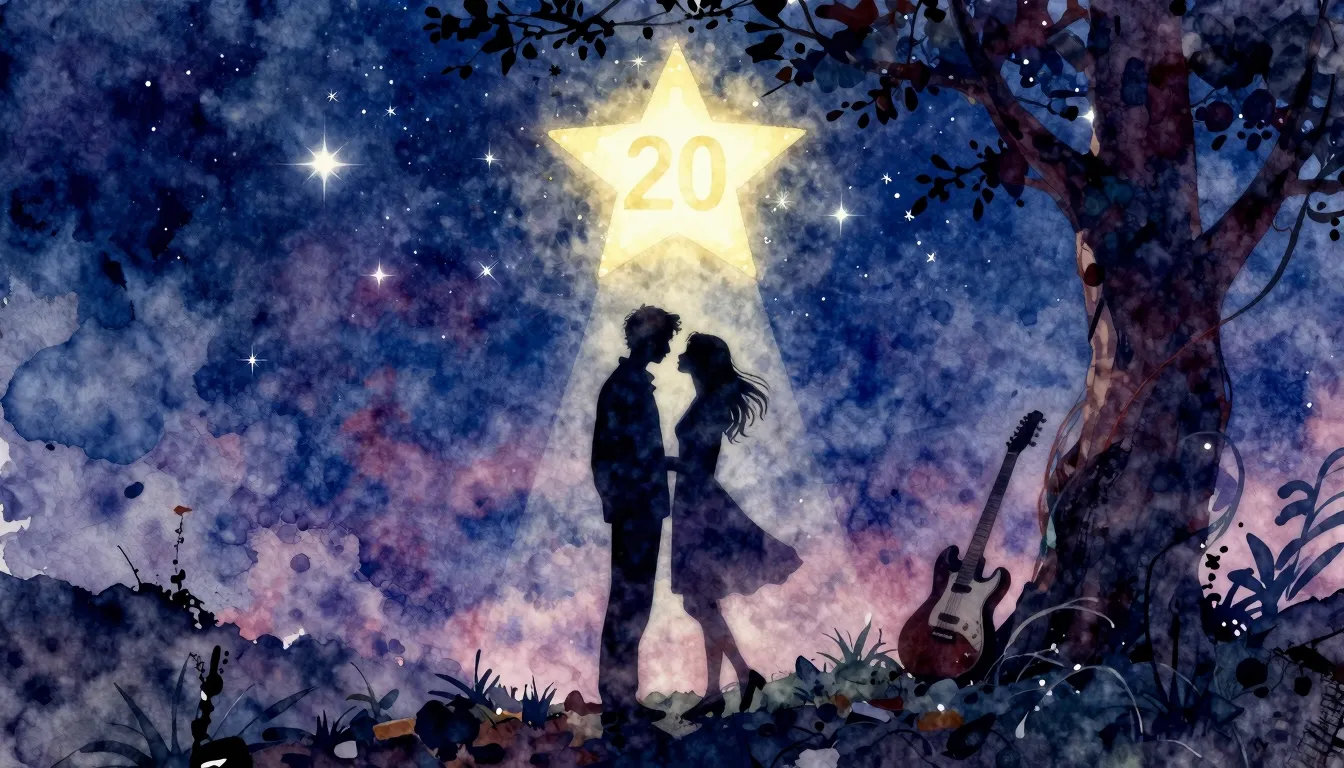 Vibrant watercolor style. Rock album cover, a romantic silho...