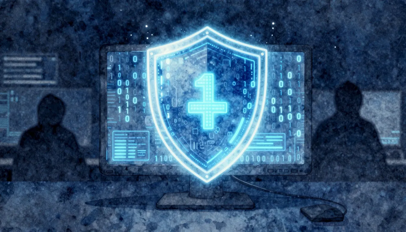 Watercolor style. Glowing digital shield protecting a comput...