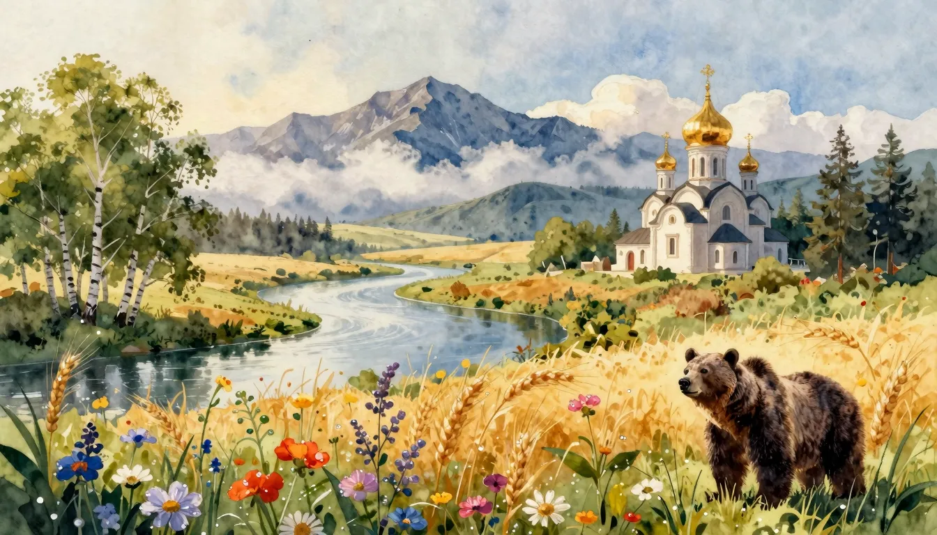 Watercolor style. A beautiful landscape with a winding river...