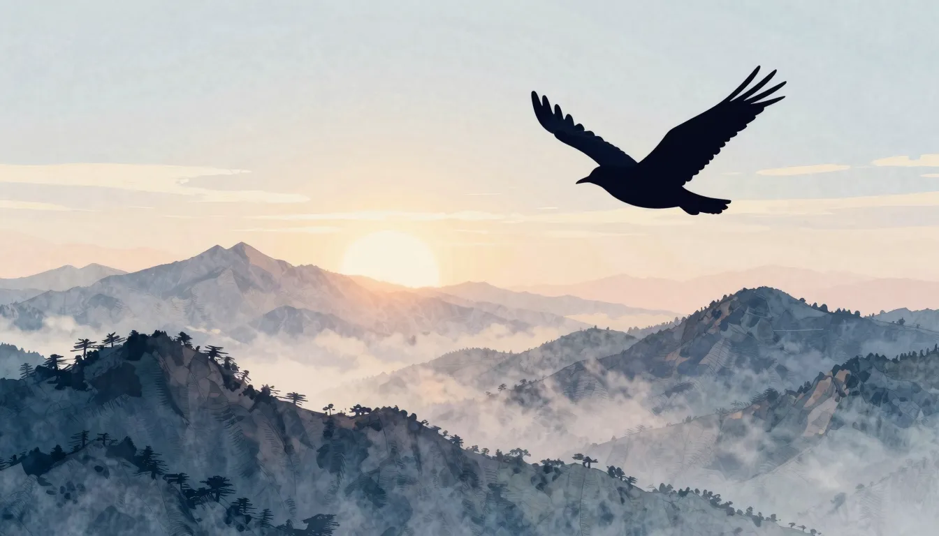 Watercolor style. Silhouette of a bird flying over mountain ...