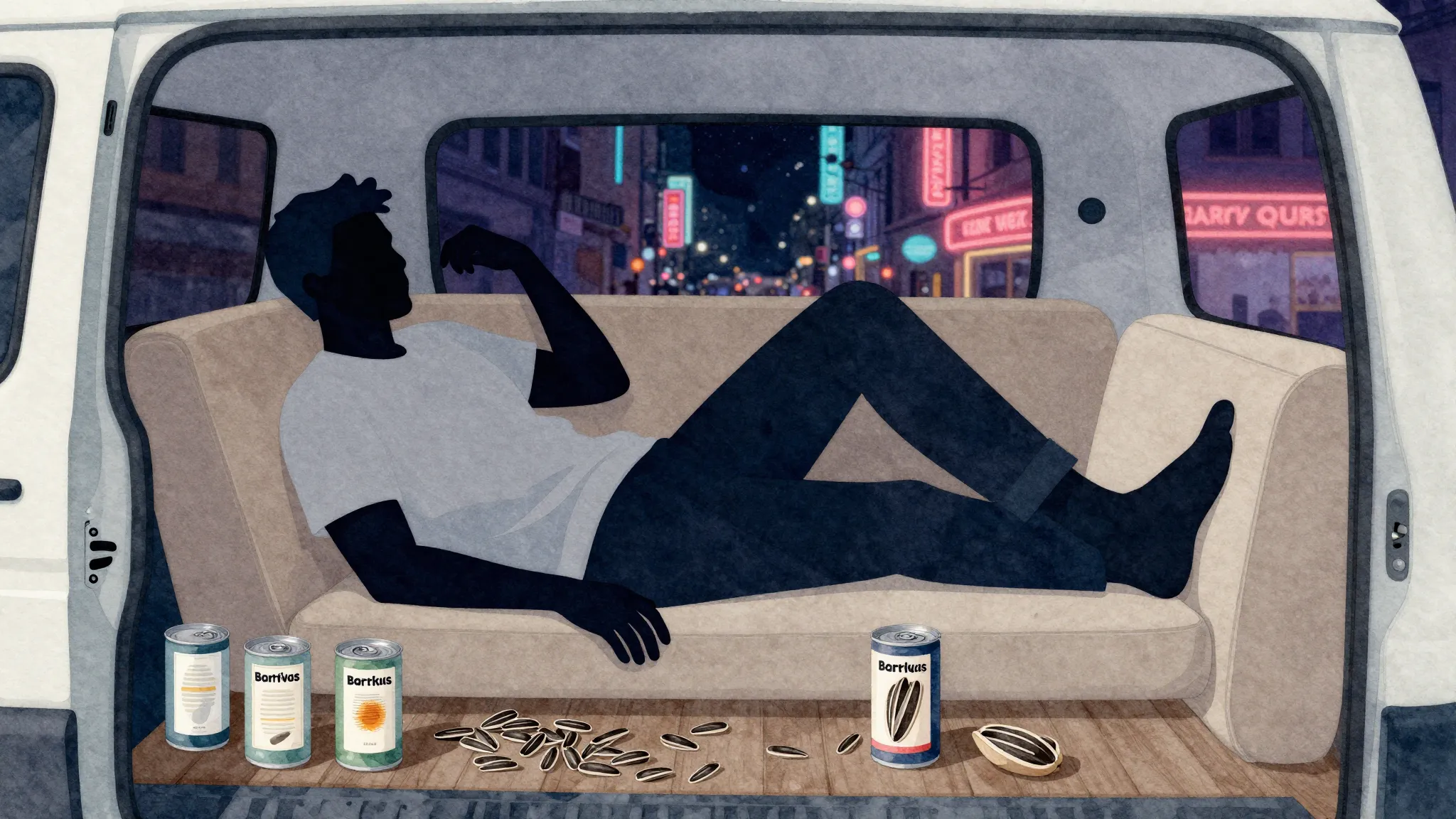 Watercolor style. A silhouette of a man lying on a sofa insi...