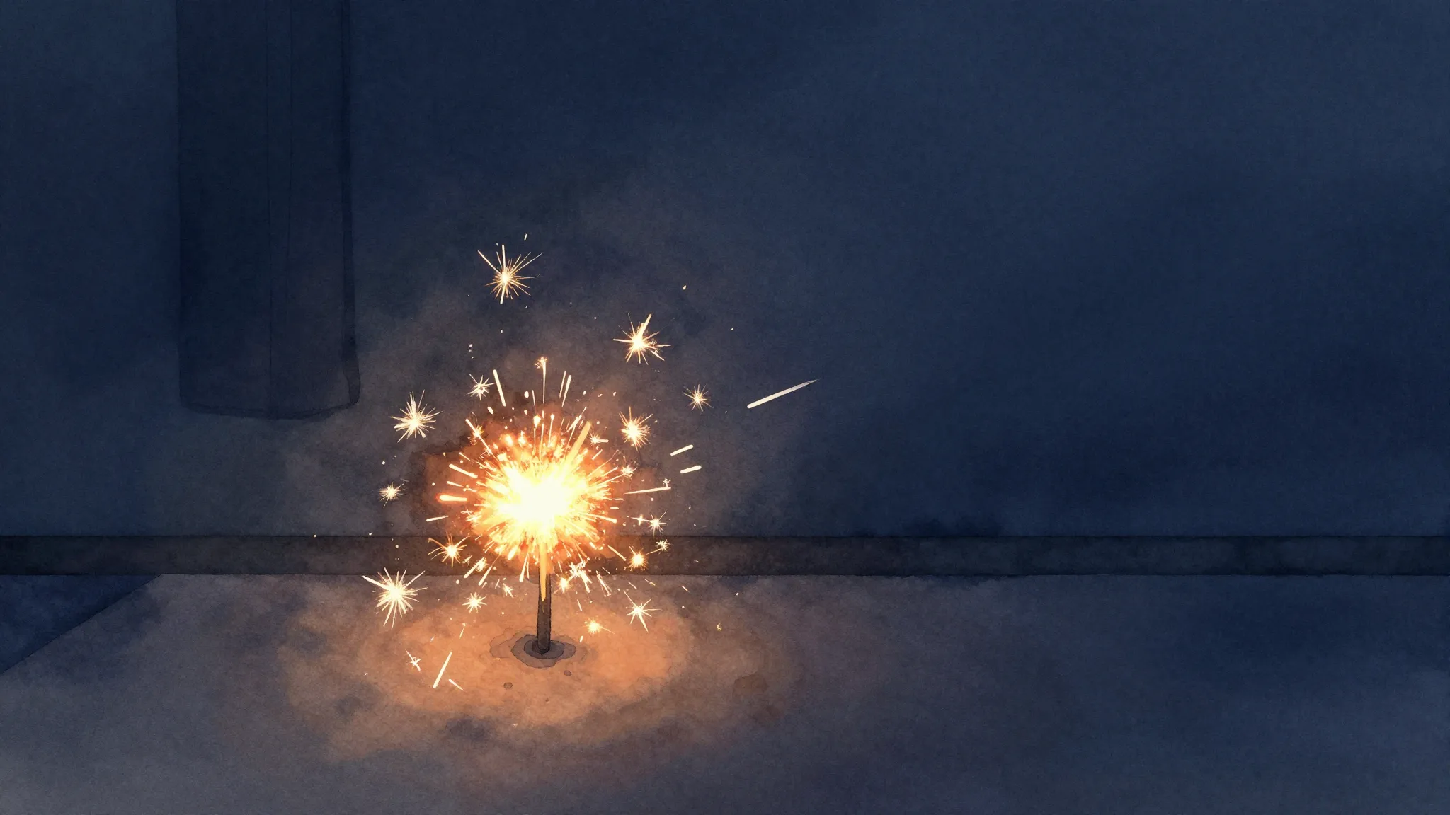 Vibrant watercolor style. A glowing warm spark inside a dark...