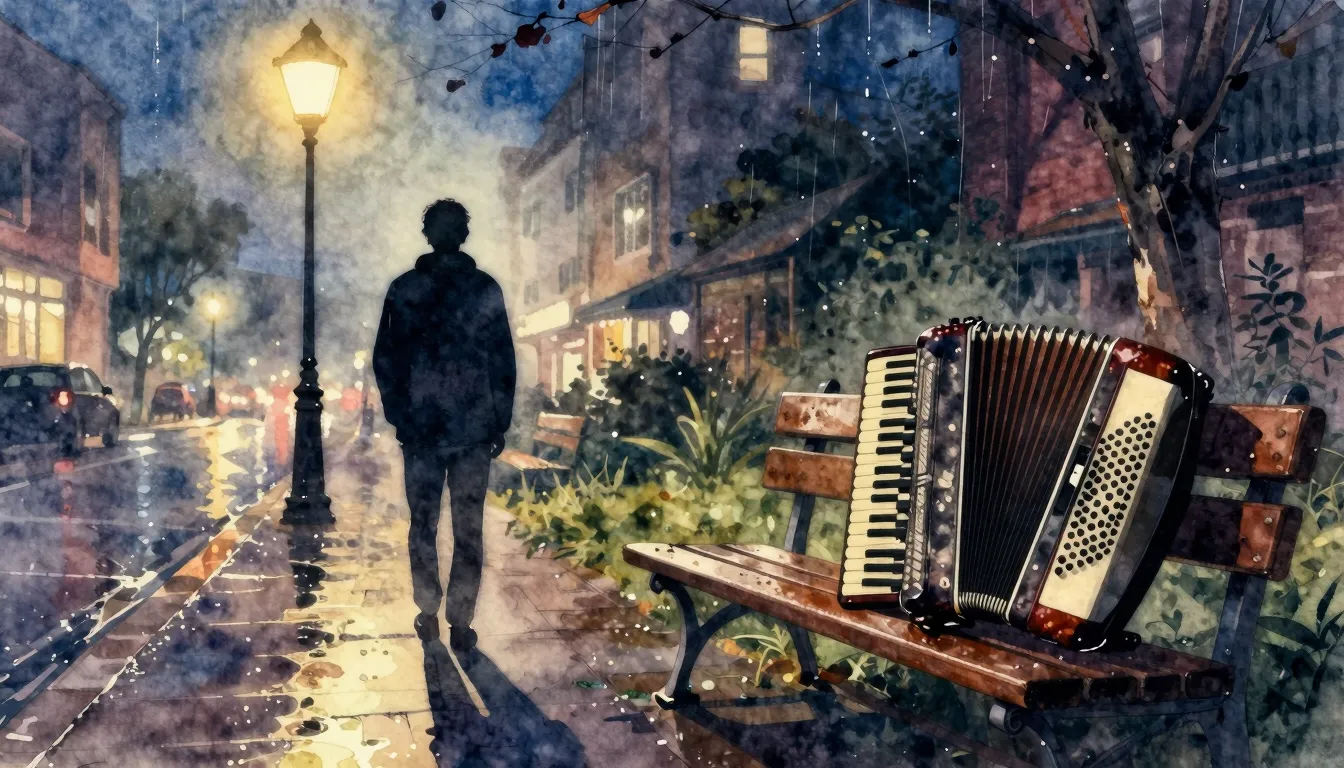 Vibrant watercolor style. A nostalgic atmosphere, a lonely s...