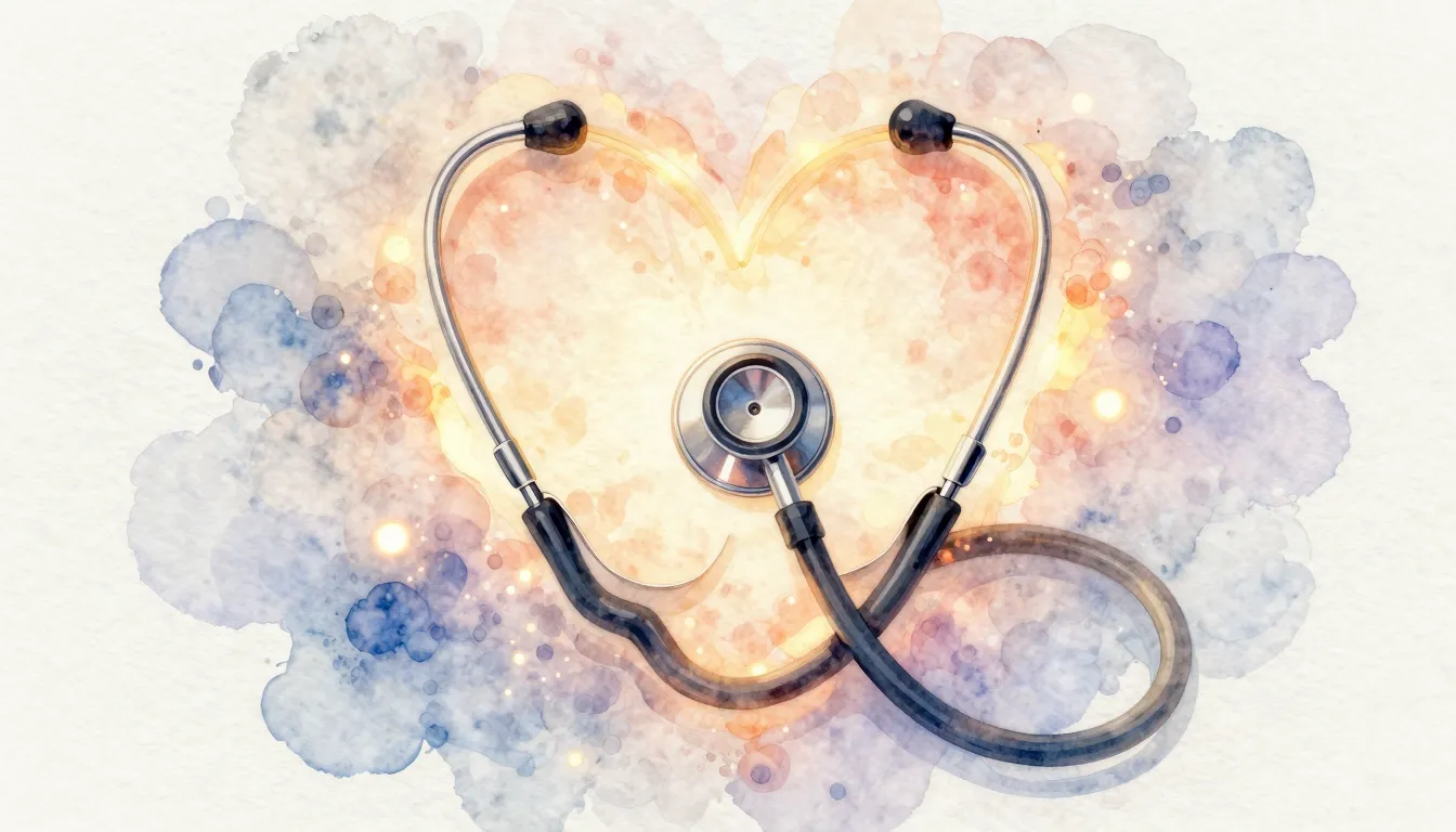 Watercolor style. A warm glowing stethoscope forming a heart...