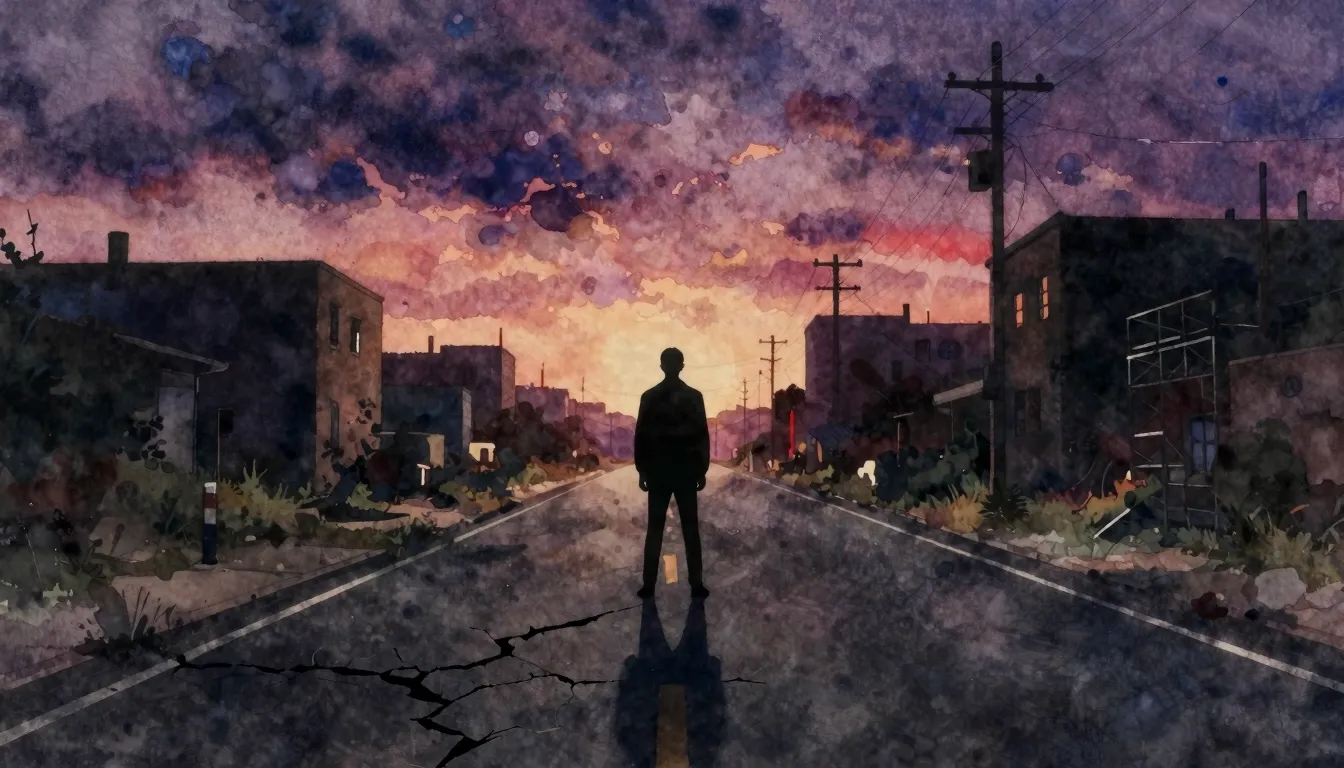 Vibrant watercolor style. A dark, gritty urban landscape at ...