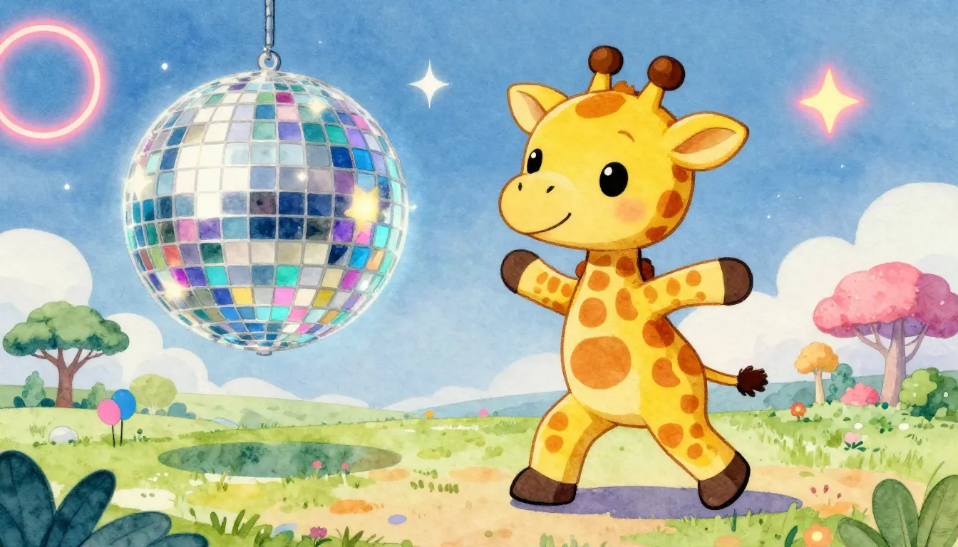 Vibrant watercolor style. A cute yellow giraffe dancing in a...