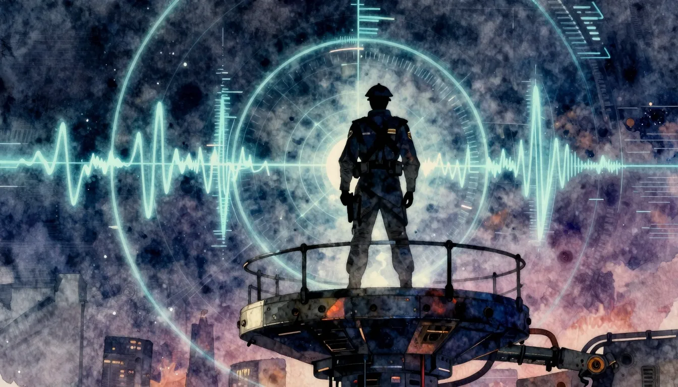 Vibrant watercolor style. Dark silhouette of a commander sta...
