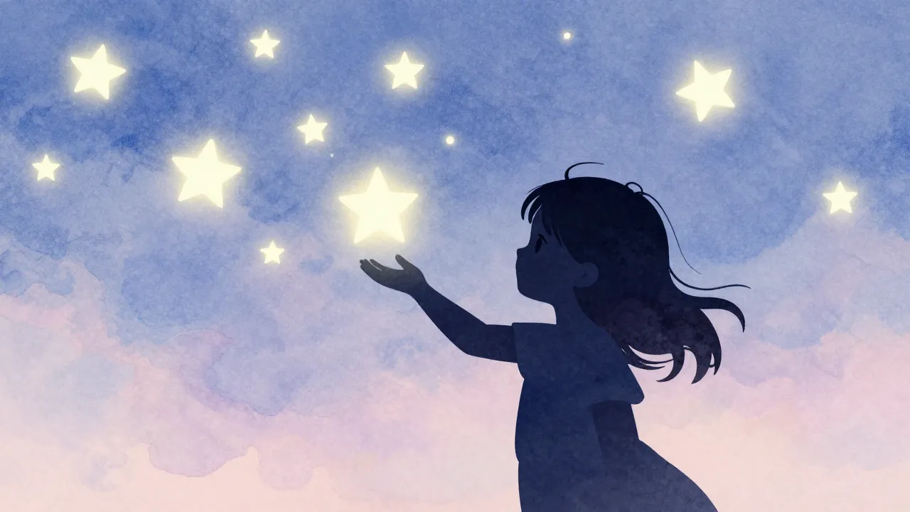 Watercolor style. Silhouette of a little girl reaching out t...