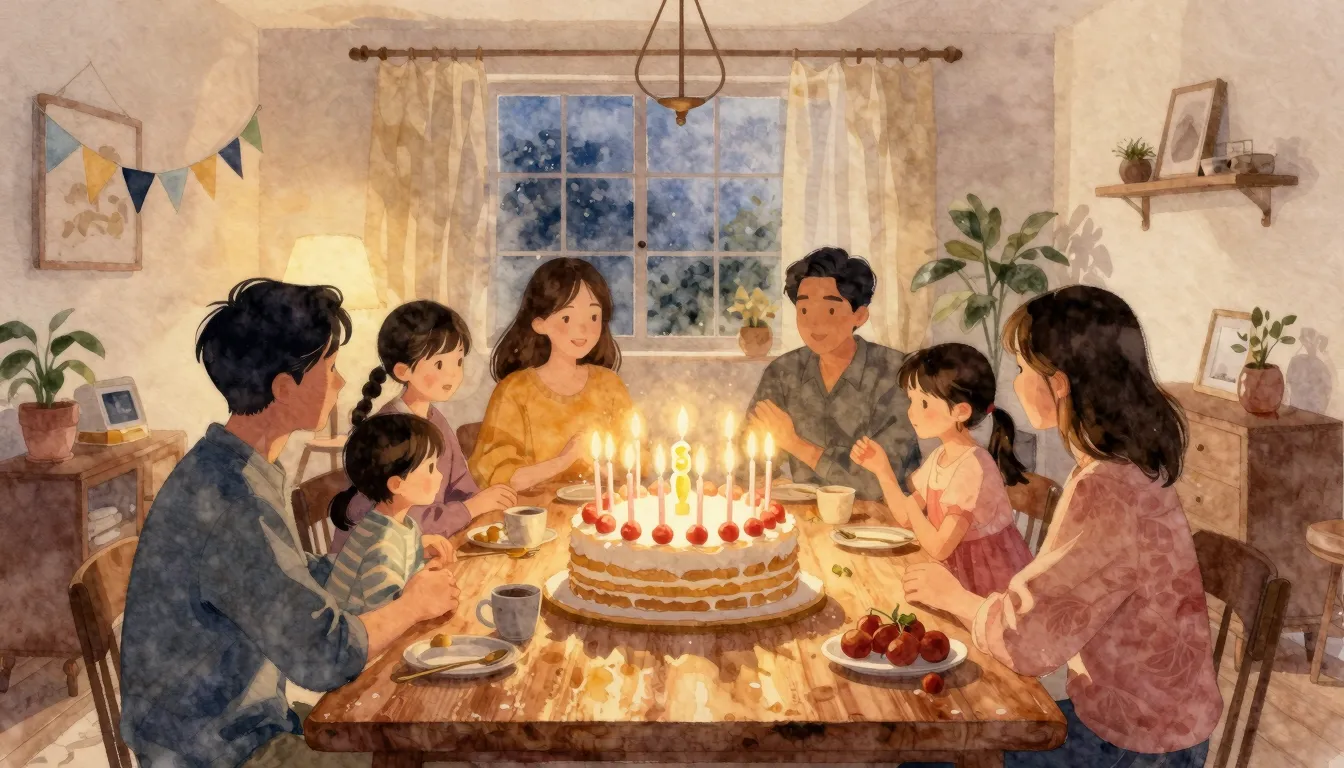Watercolor style. A cozy living room with a large birthday c...