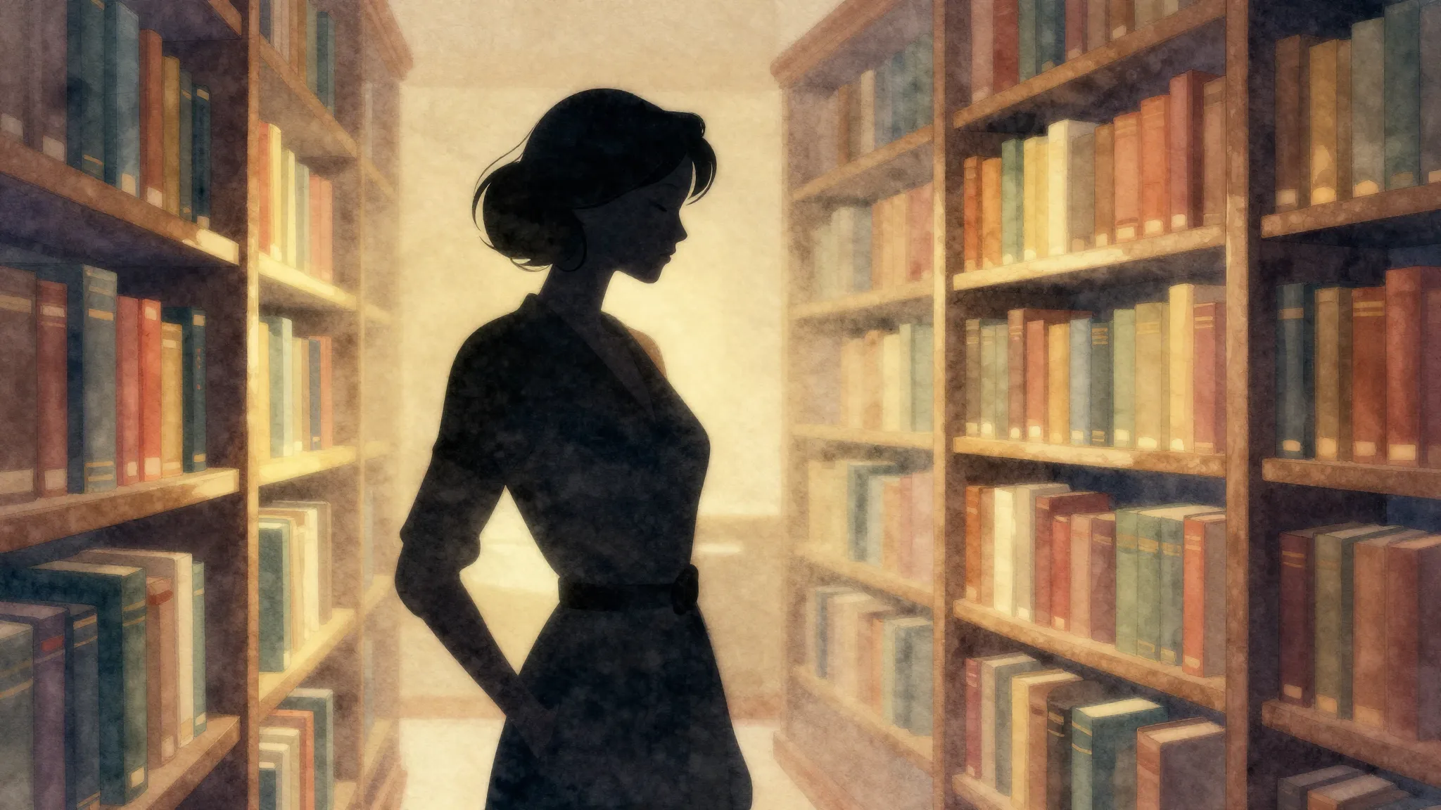 Watercolor style. Silhouette of a stylish woman in a library...