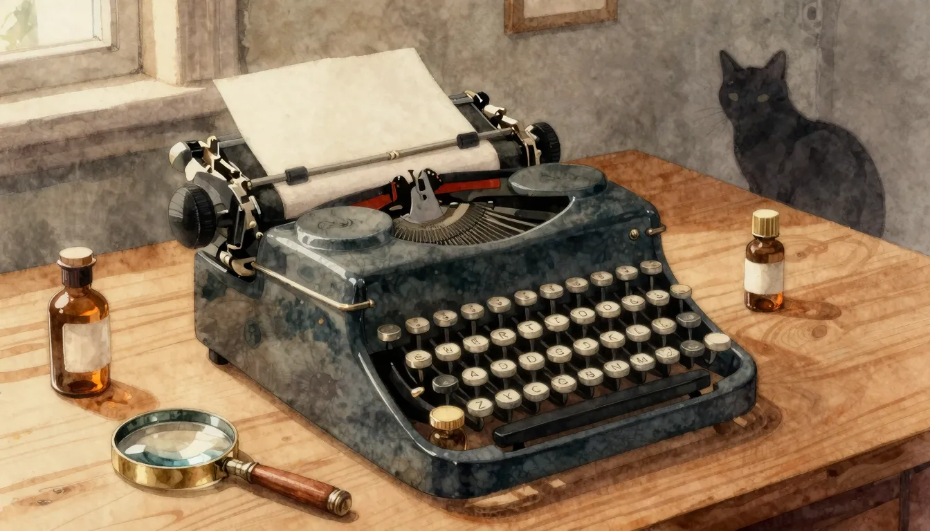 Watercolor style. A vintage typewriter on a neat wooden desk...