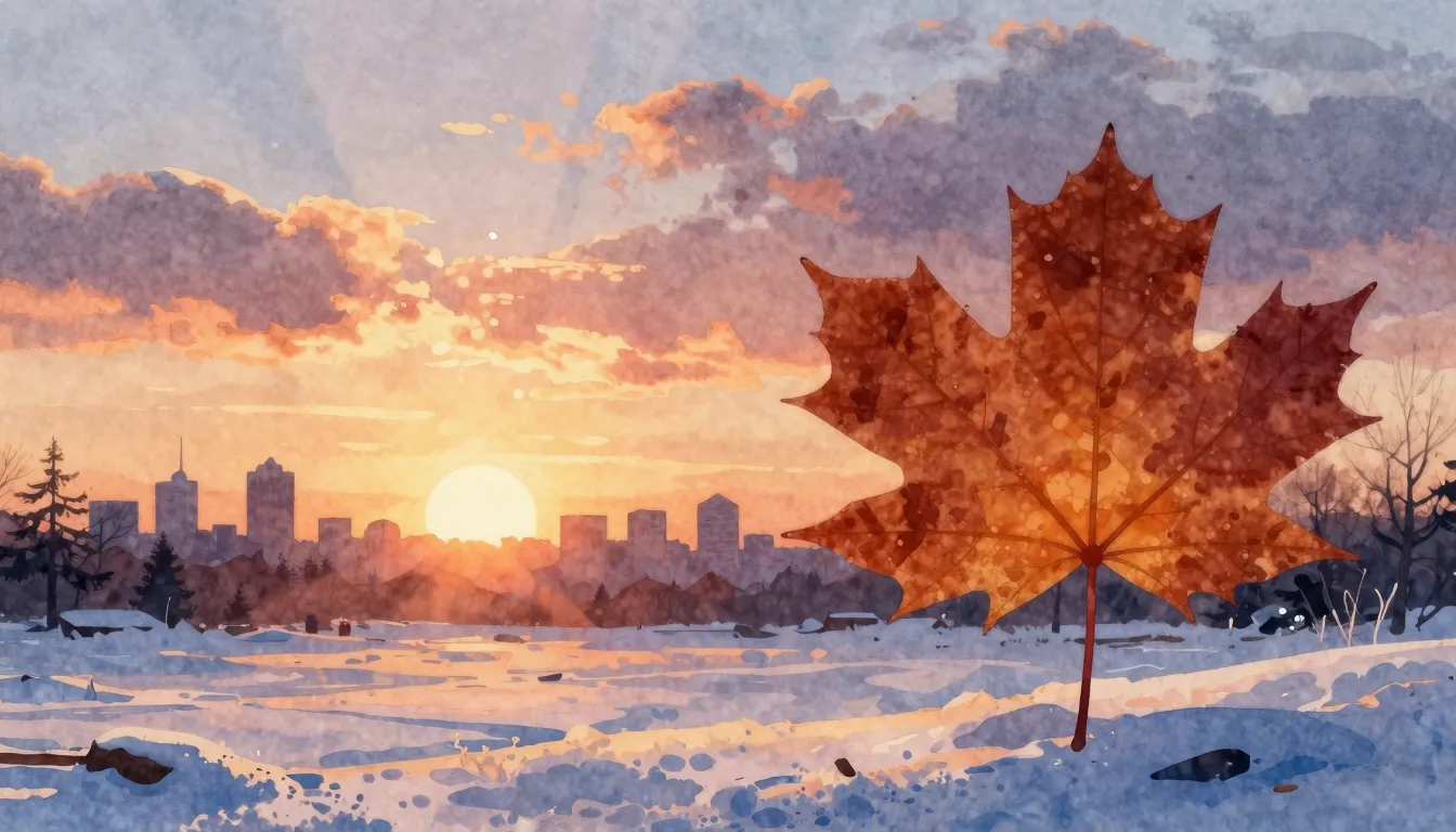 Watercolor style. A beautiful sunset over a snowy landscape ...
