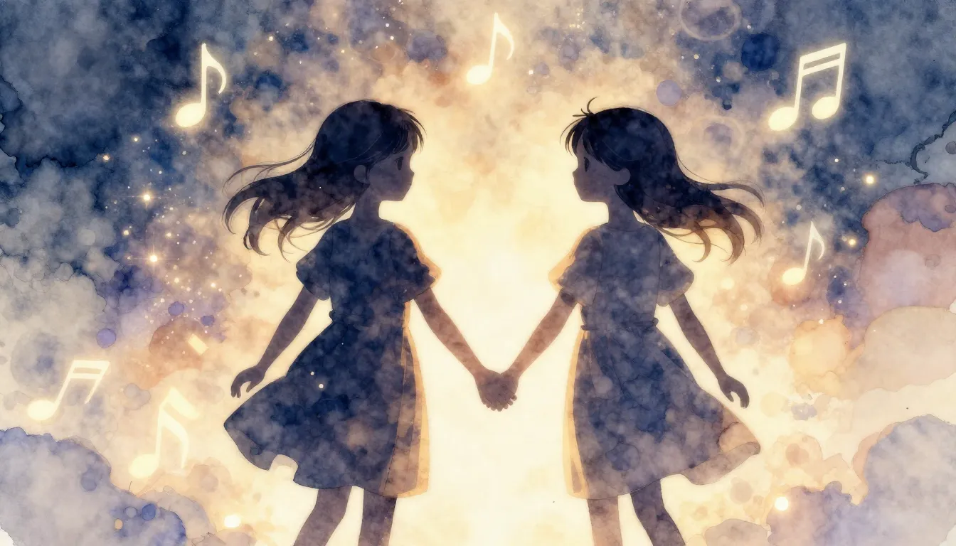 Watercolor style. Silhouette of two girls holding hands, glo...