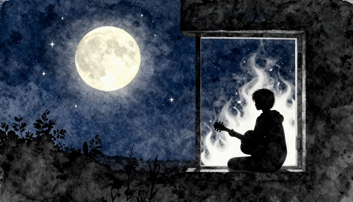 Vibrant watercolor style. A lonely glowing moon in a starry ...