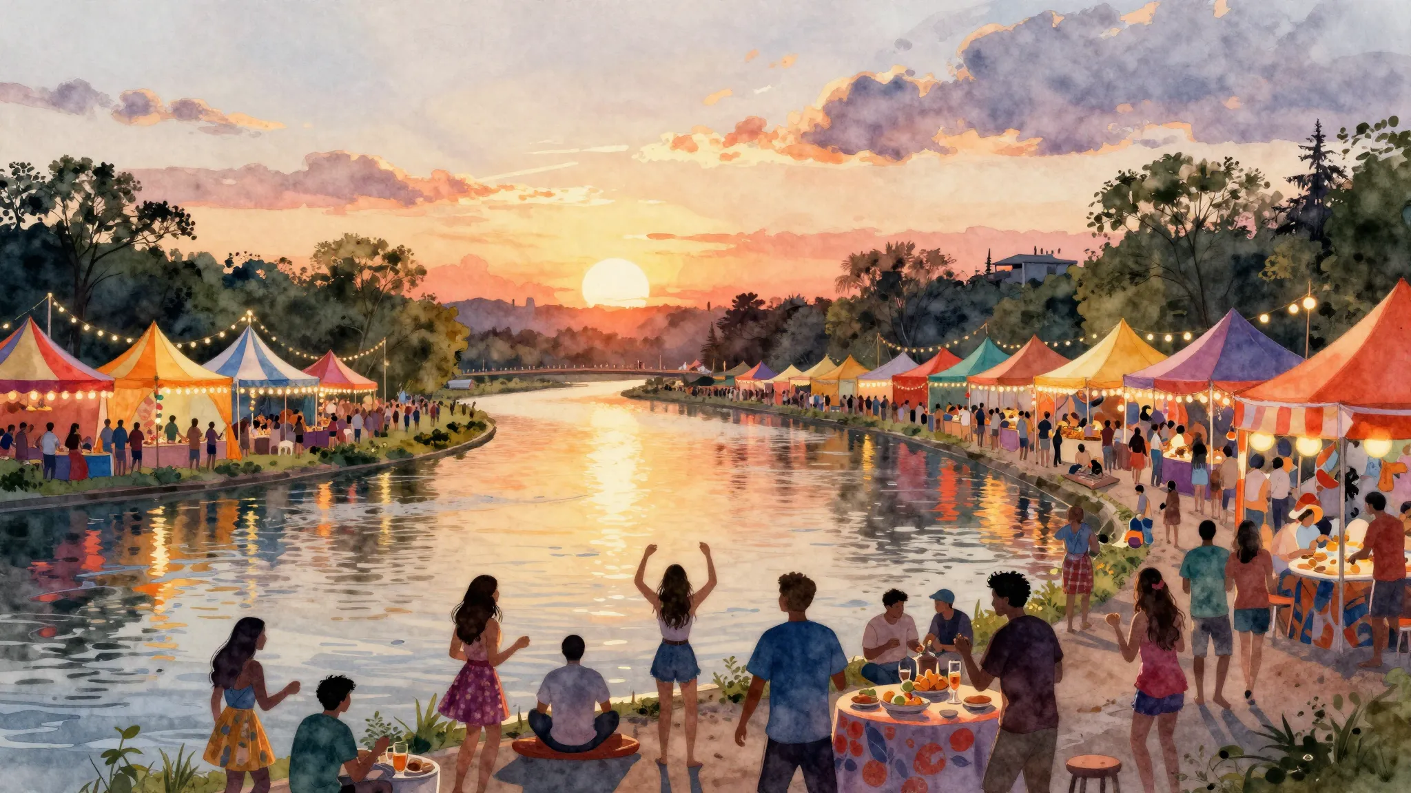 Watercolor style. A vibrant festival scene by a wide river a...