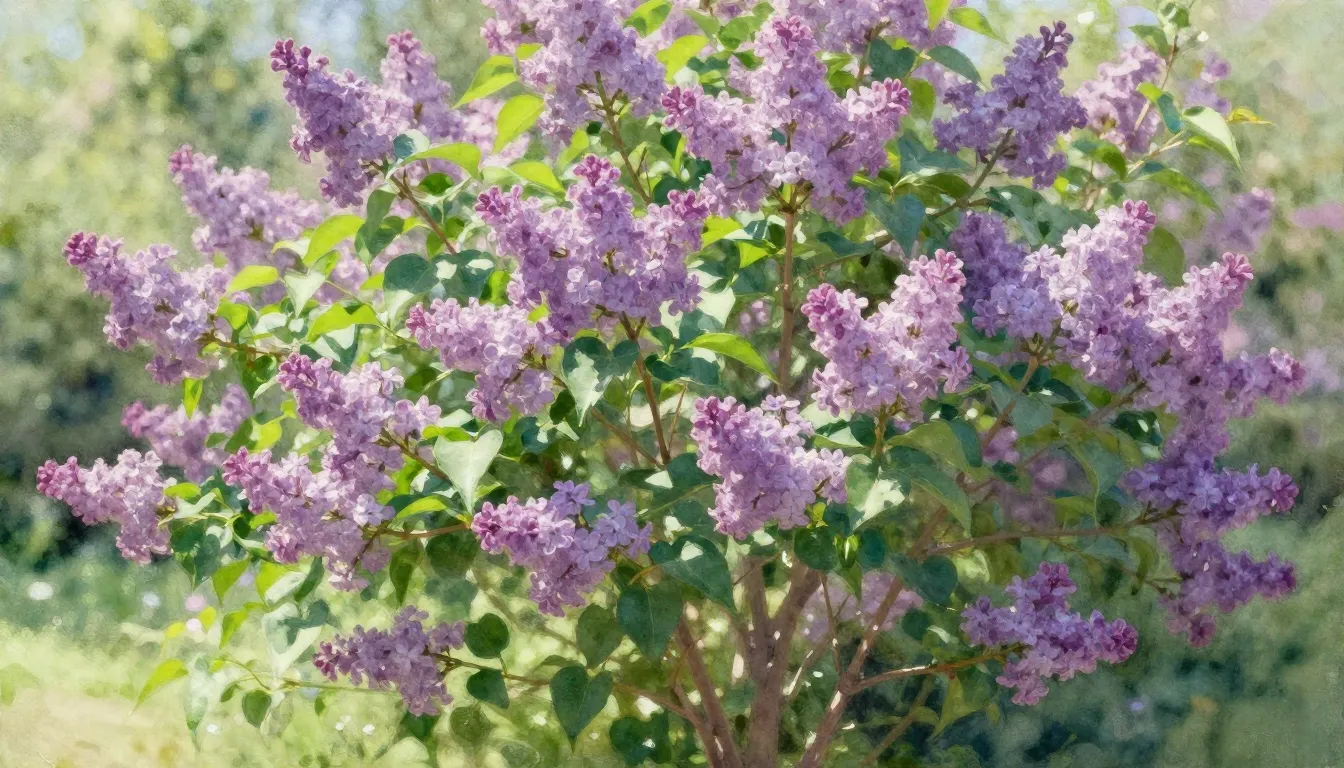 Vibrant watercolor style. Lush blooming lilac bushes with pu...
