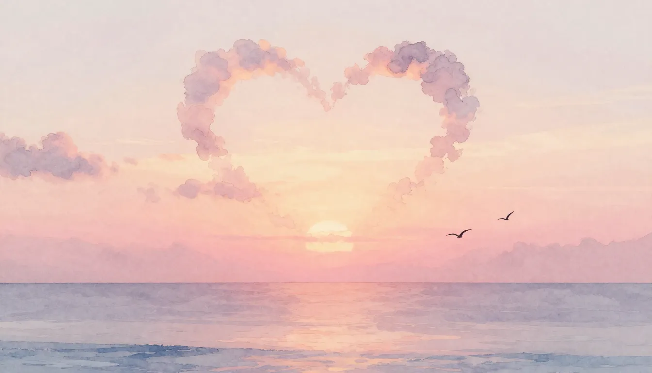 Watercolor style. A gentle sunrise over a calm ocean, soft p...