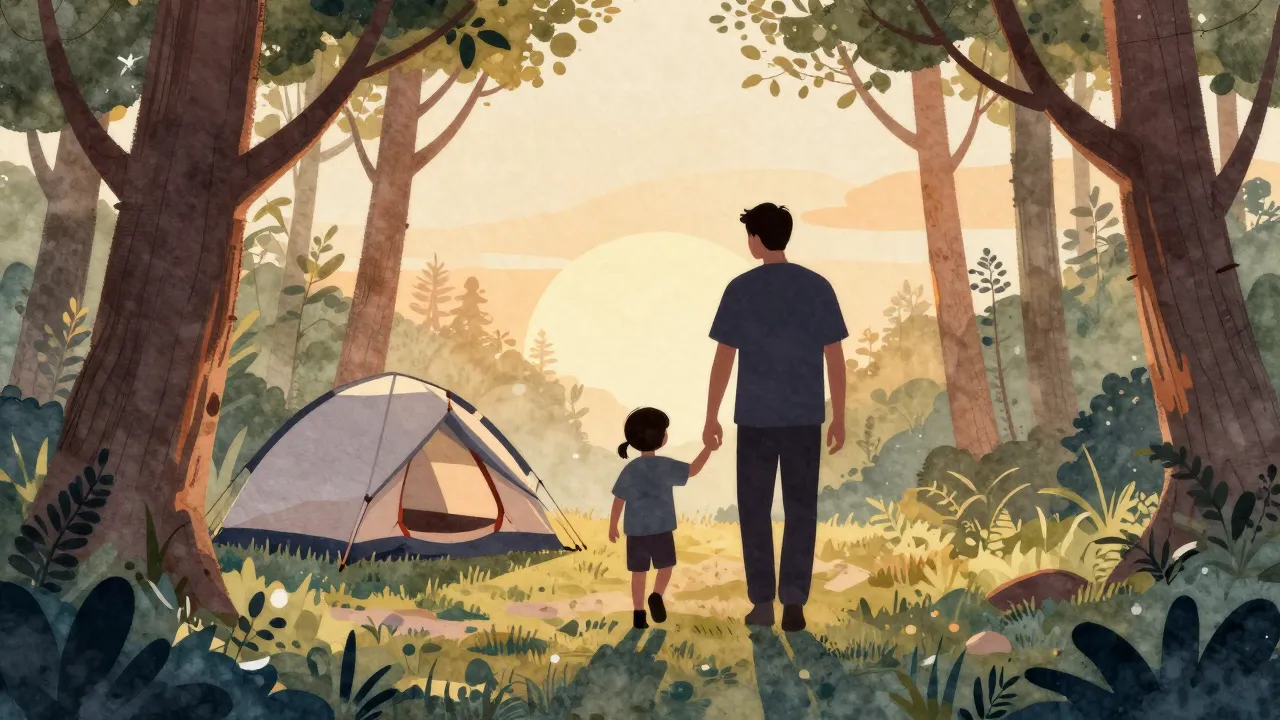 Watercolor style. Silhouette of a father and a small child w...