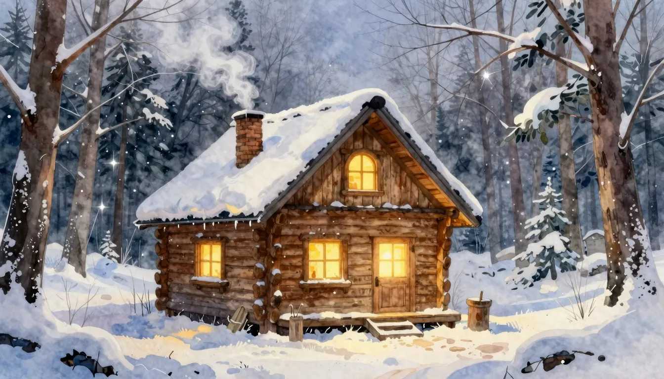 Watercolor style. A cozy wooden cabin in a snowy forest, smo...