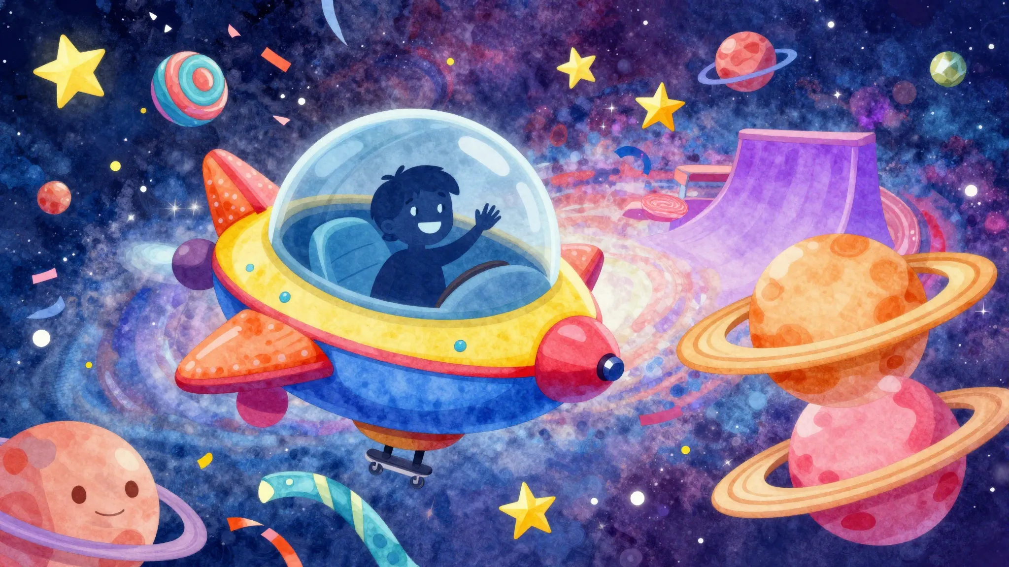 Vibrant watercolor style. A colorful cartoon spaceship flyin...